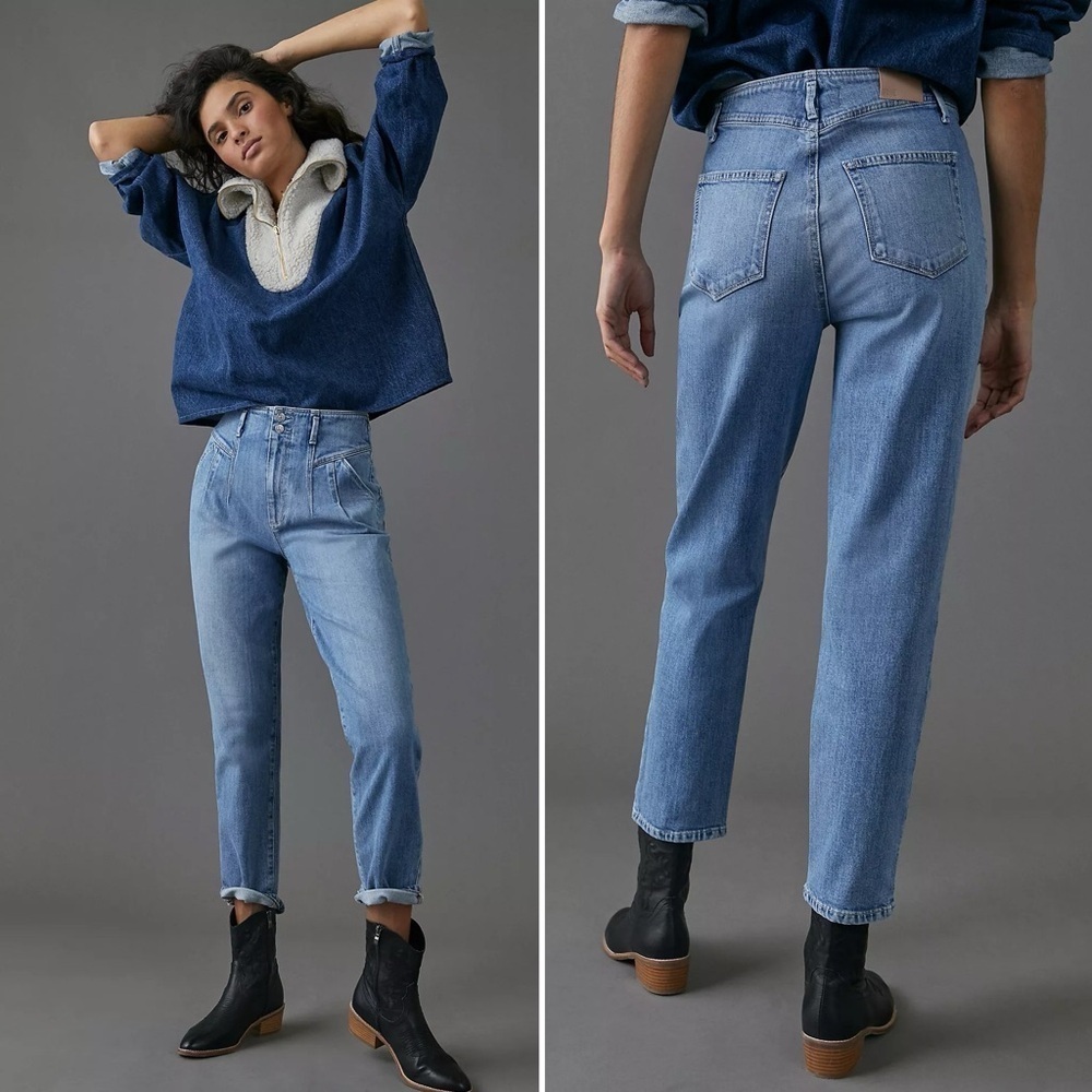 Paige Sarah Straight Ankle Jeans Denim Blue High Pleated Classic Retro 90s 29